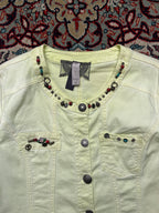 Tredy Womens Pastel Lime Yellow Beaded Embellished Crochet Lace Trim Denim Jacket - M