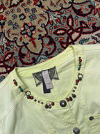 Tredy Womens Pastel Lime Yellow Beaded Embellished Crochet Lace Trim Denim Jacket - M