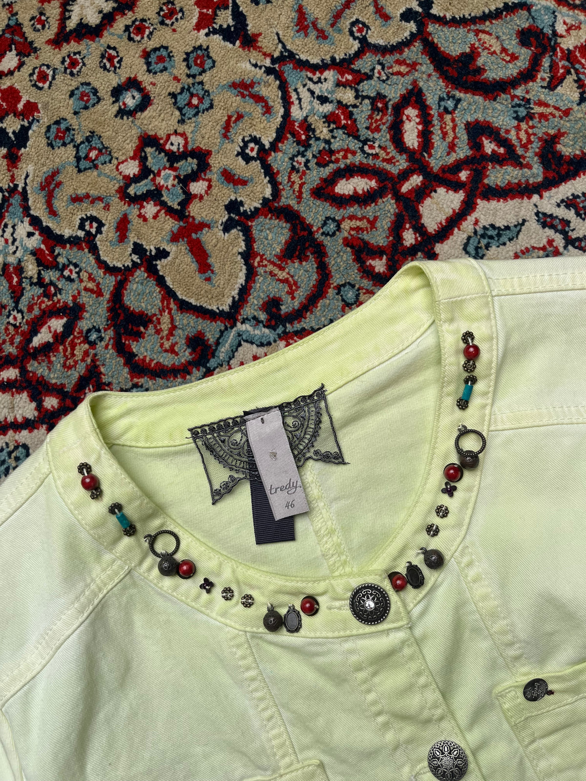Tredy Womens Pastel Lime Yellow Beaded Embellished Crochet Lace Trim Denim Jacket - M