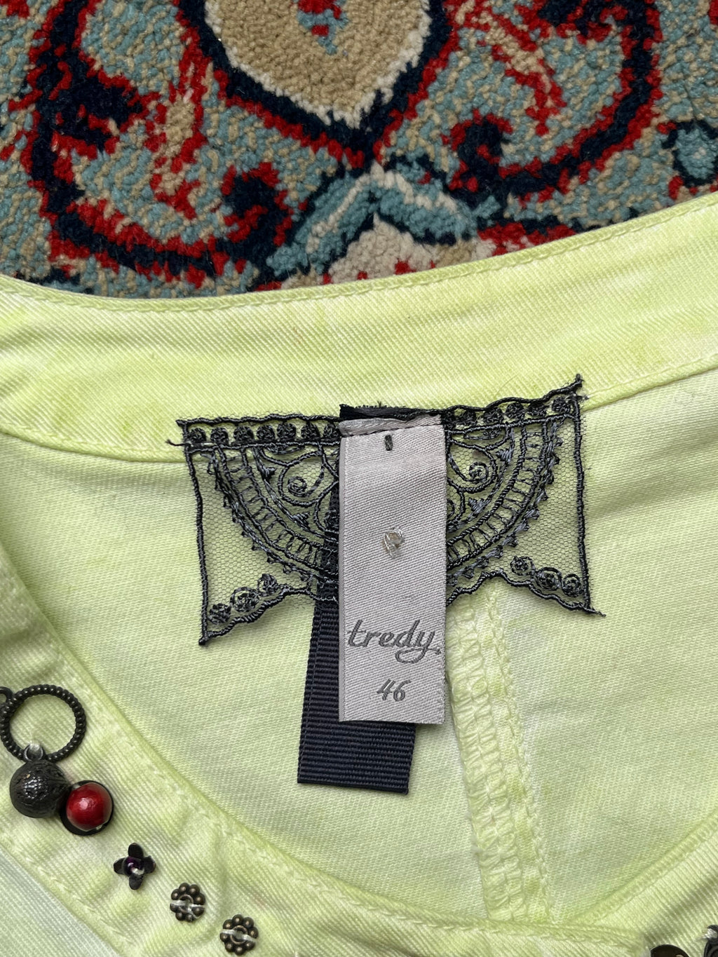 Tredy Womens Pastel Lime Yellow Beaded Embellished Crochet Lace Trim Denim Jacket - M
