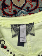Tredy Womens Pastel Lime Yellow Beaded Embellished Crochet Lace Trim Denim Jacket - M