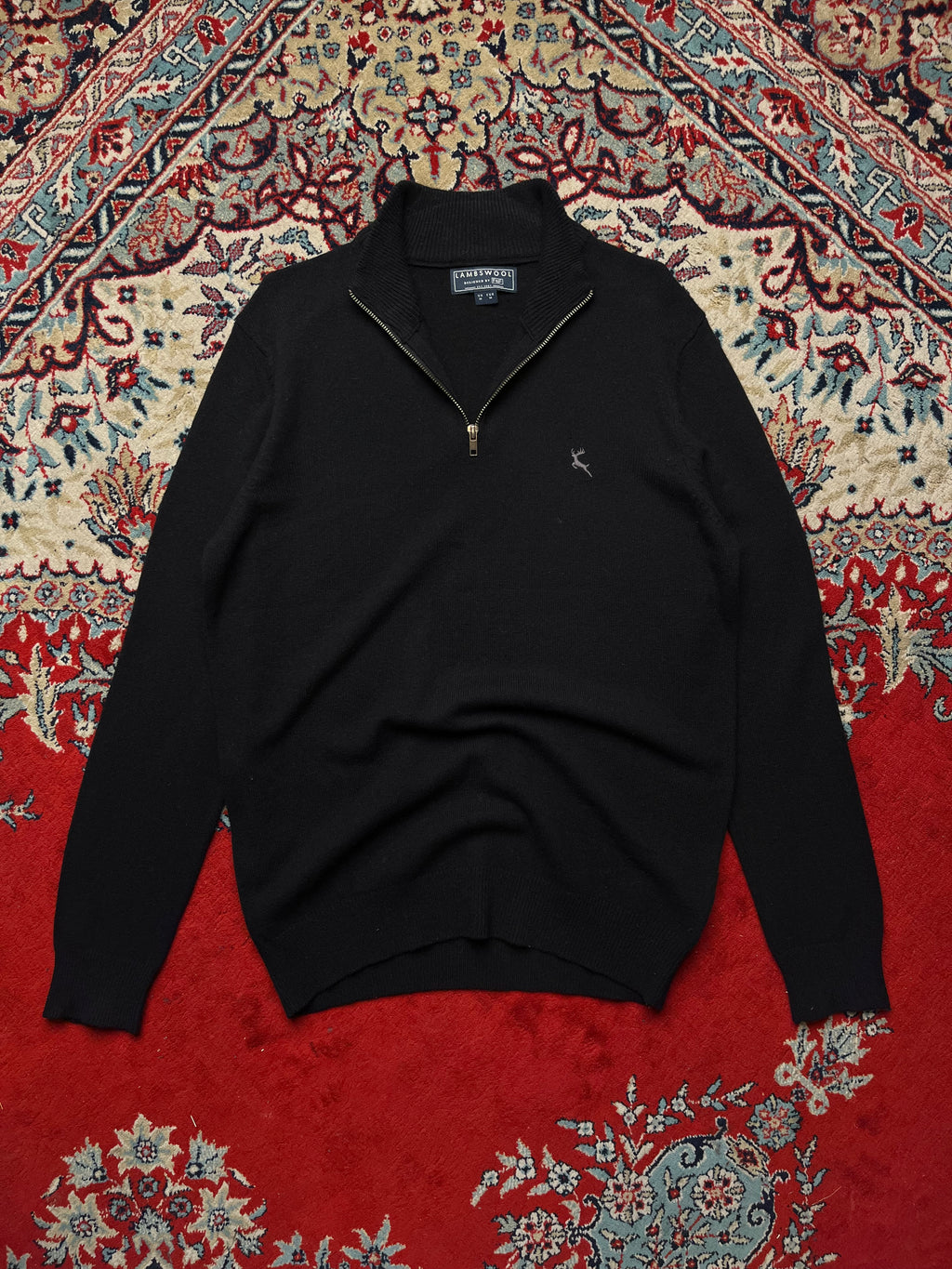 F&F Black Lambswool Embroidered Stag Quarter Zip Knit Sweater - L