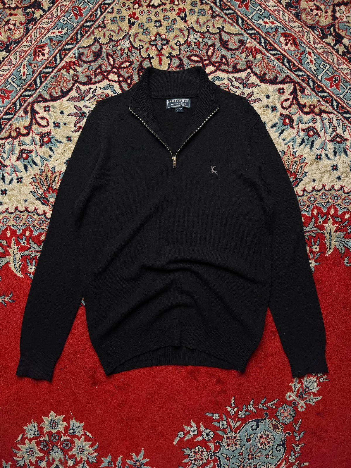 F&F Black Lambswool Embroidered Stag Quarter Zip Knit Sweater - L