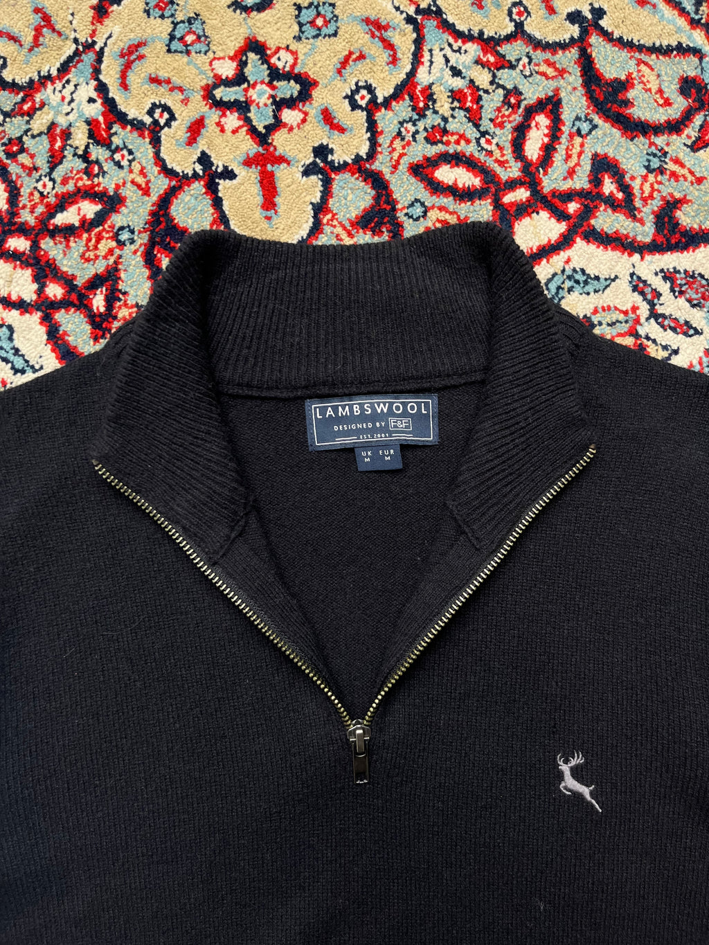 F&F Black Lambswool Embroidered Stag Quarter Zip Knit Sweater - L