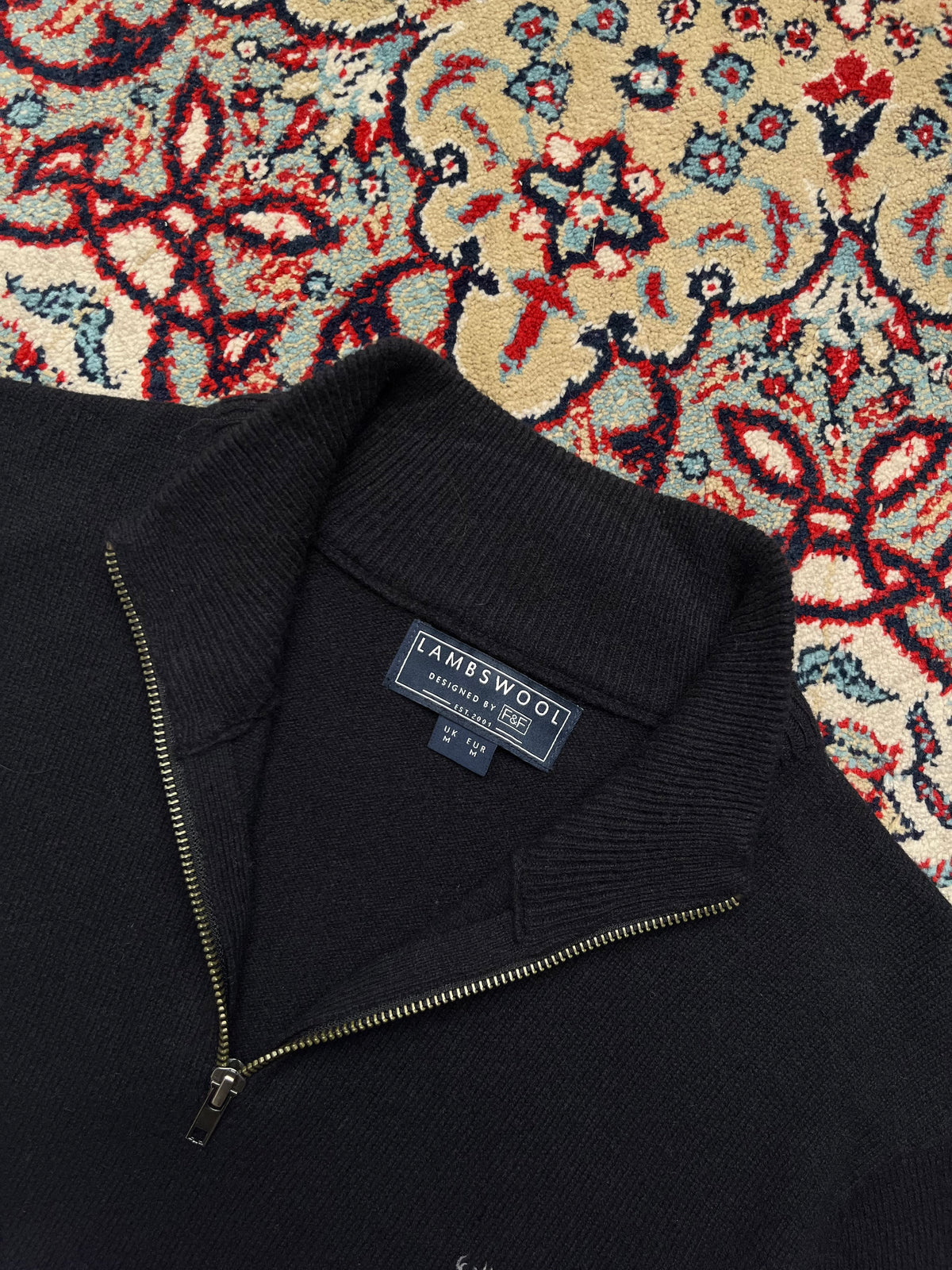 F&F Black Lambswool Embroidered Stag Quarter Zip Knit Sweater - L