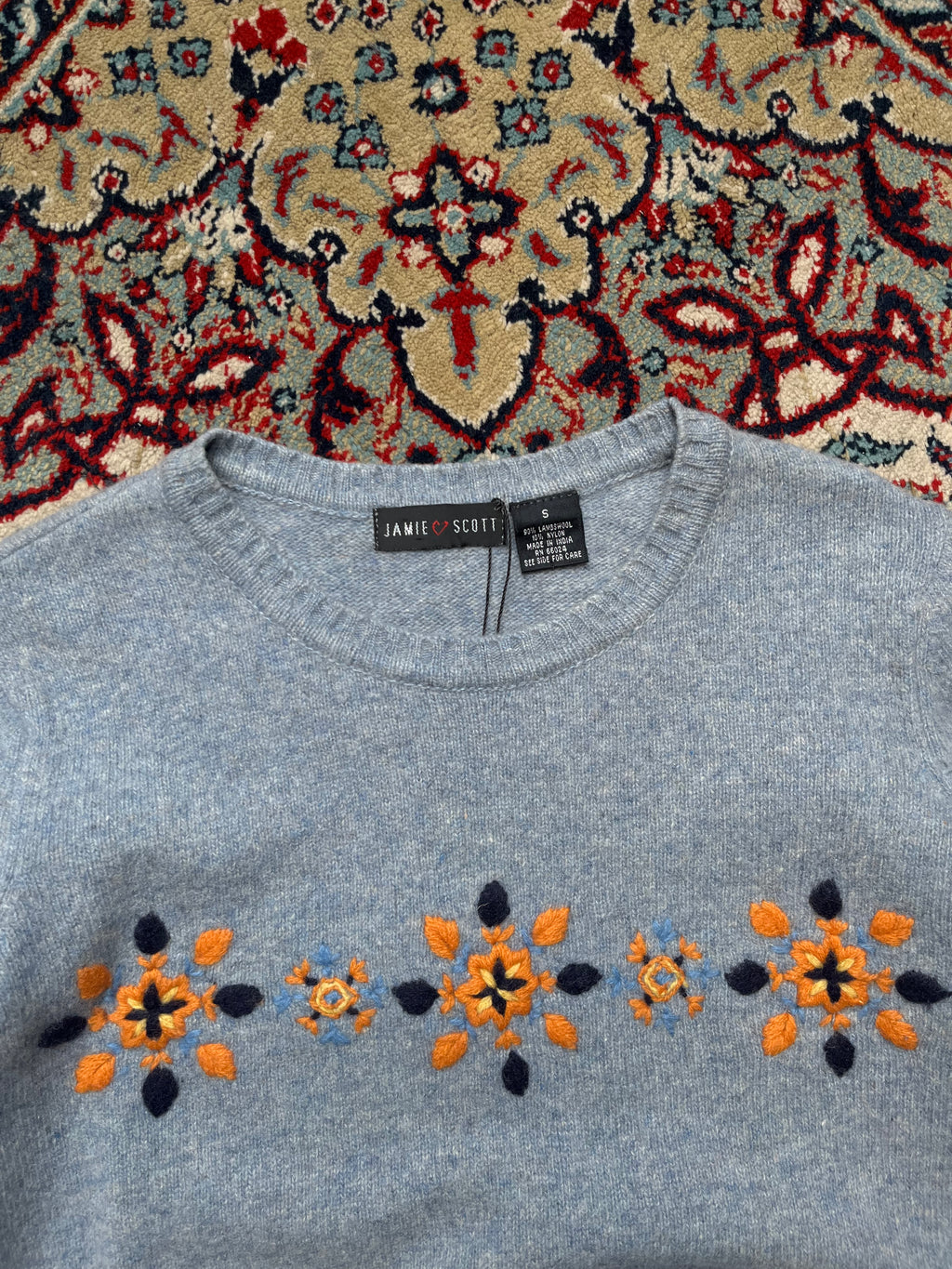 Jamie Scott Heather Blue Floral Embroidered Lambswool Knit Sweater - M