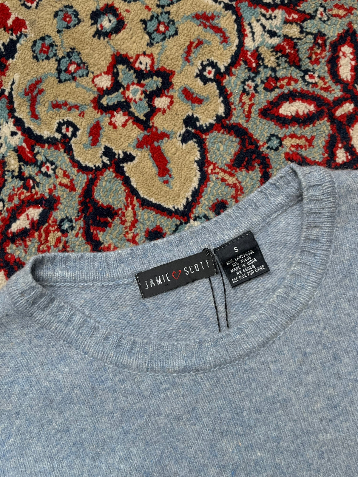 Jamie Scott Heather Blue Floral Embroidered Lambswool Knit Sweater - M