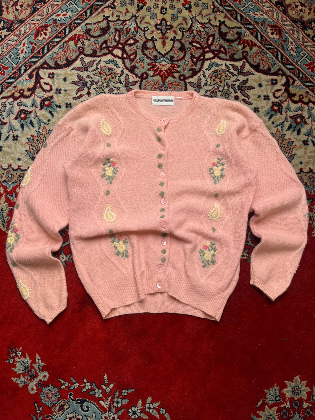 Vintage Oronero Pink Cable Knit Floral Embroidered Cardigan - S