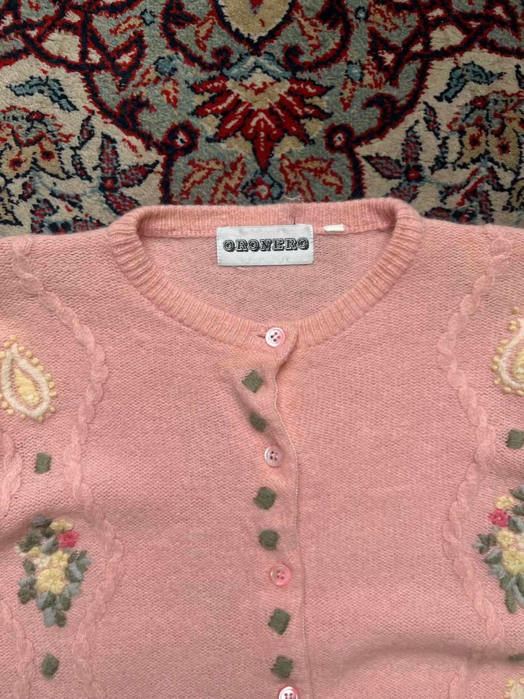 Vintage Oronero Pink Cable Knit Floral Embroidered Cardigan - S