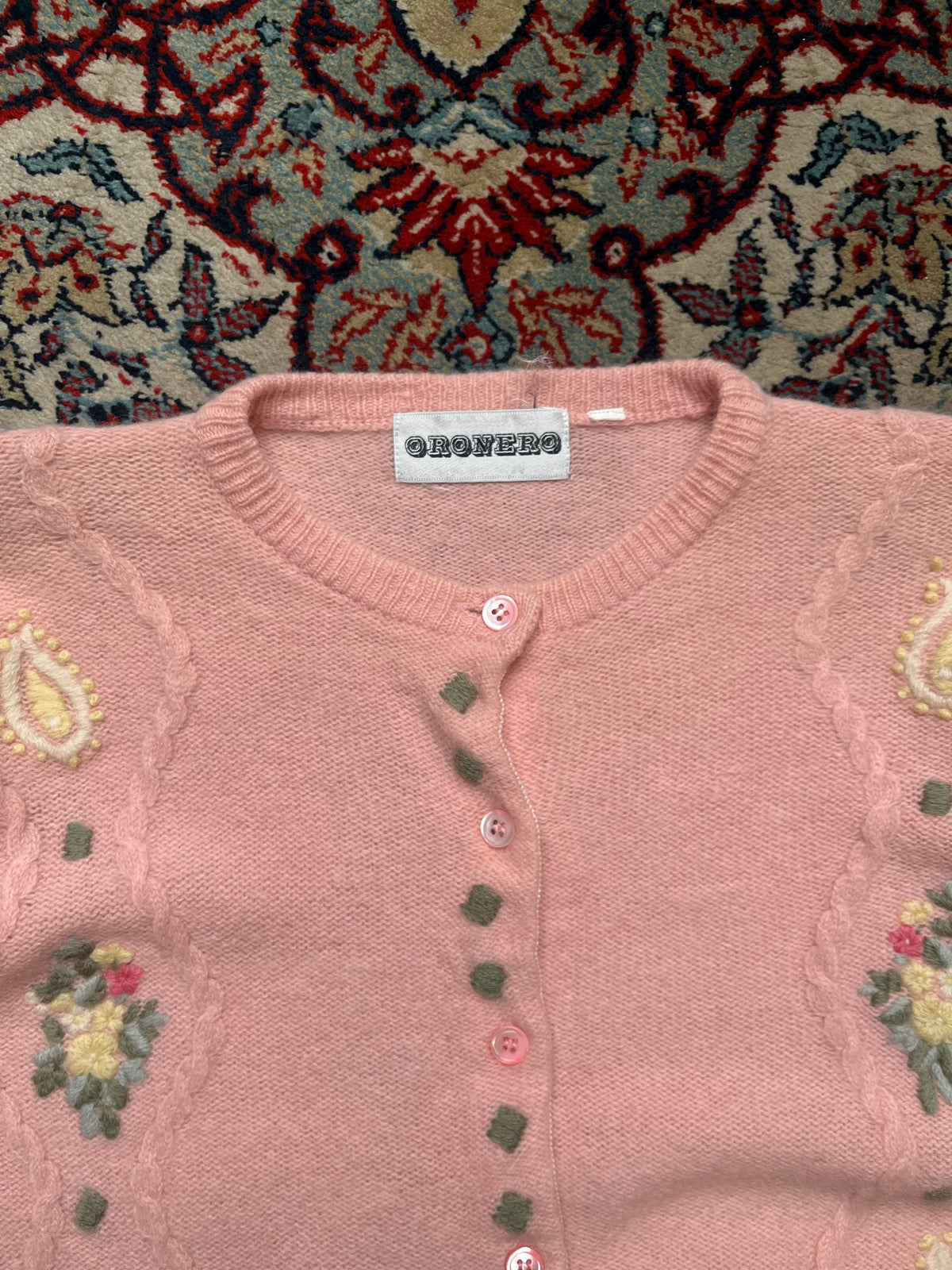 Vintage Oronero Pink Cable Knit Floral Embroidered Cardigan - S