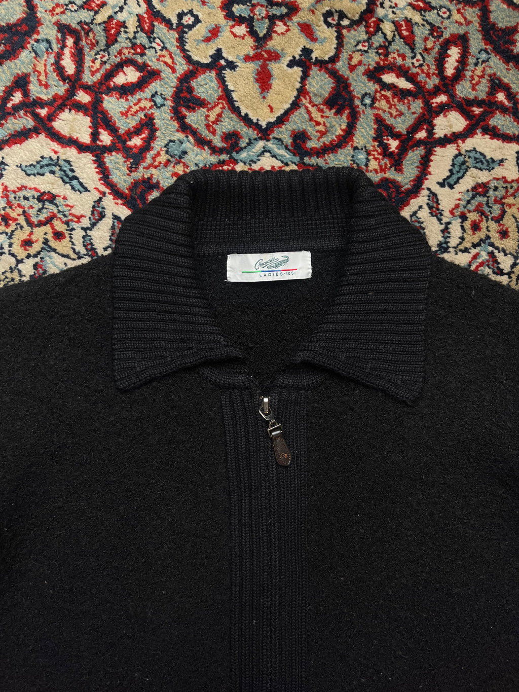 Crocodile Black Collared Full Zip Heavy Knit Cardigan - M