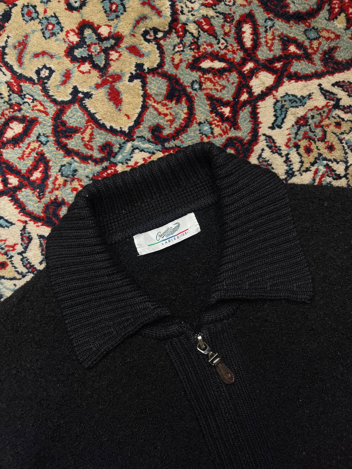 Crocodile Black Collared Full Zip Heavy Knit Cardigan - M