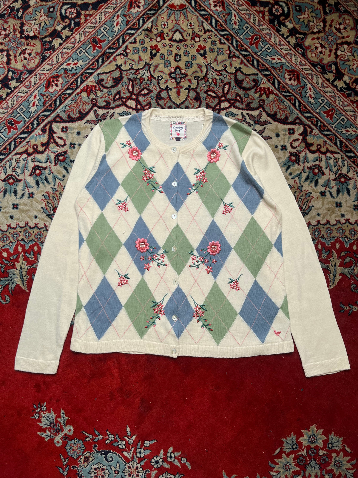 Country Rose Argyle Floral Embroidered Wool Cardigan - L