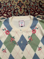 Country Rose Argyle Floral Embroidered Wool Cardigan - L