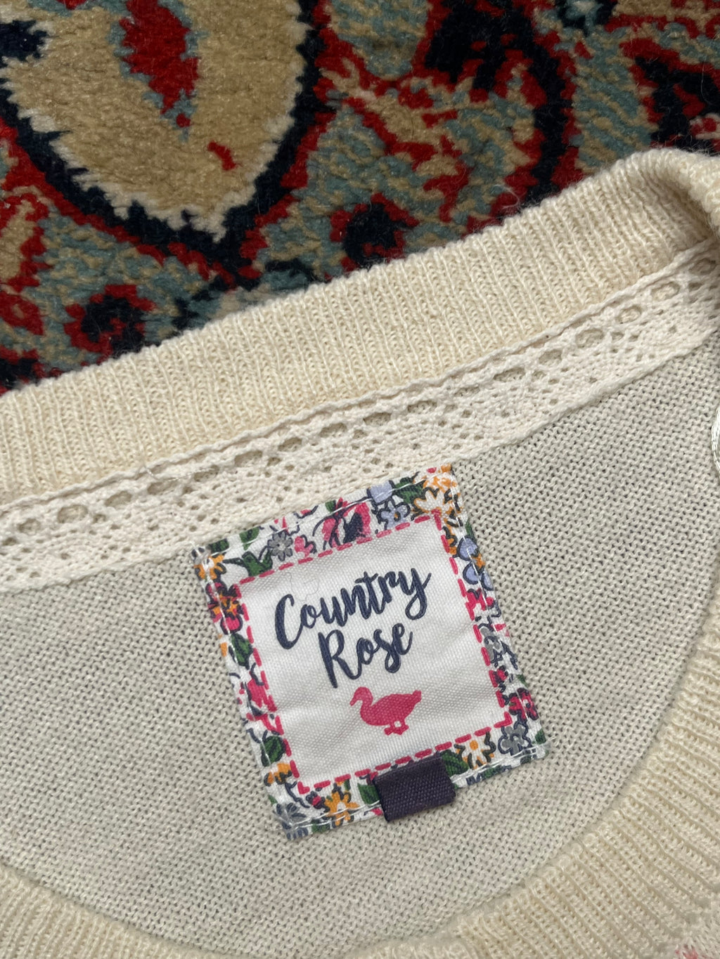 Country Rose Argyle Floral Embroidered Wool Cardigan - L