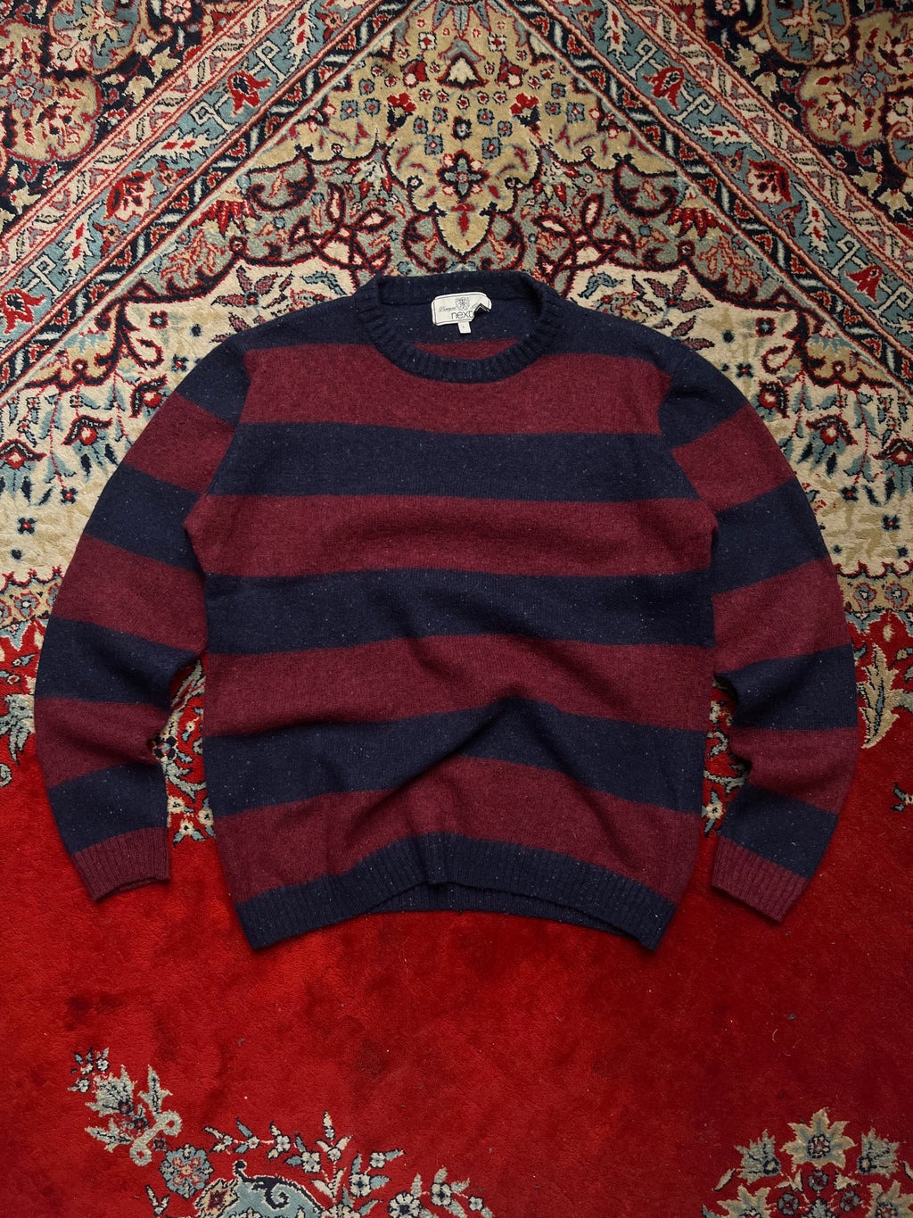 Vintage Next Wool Blend Striped Navy Blue Burgundy Crewneck Sweater - M
