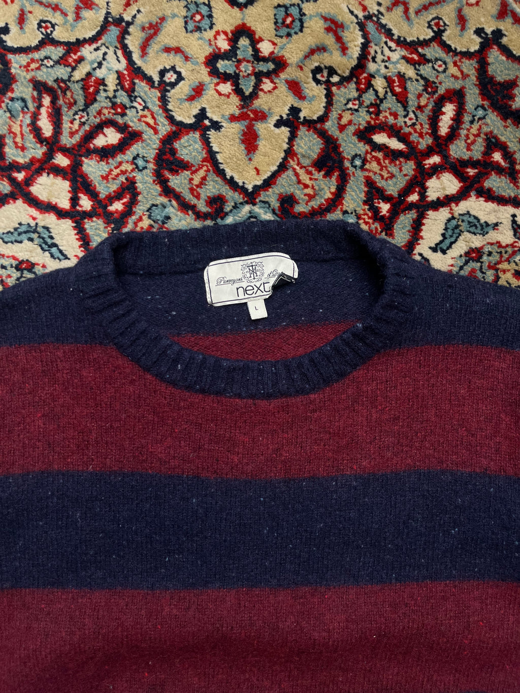 Vintage Next Wool Blend Striped Navy Blue Burgundy Crewneck Sweater - M