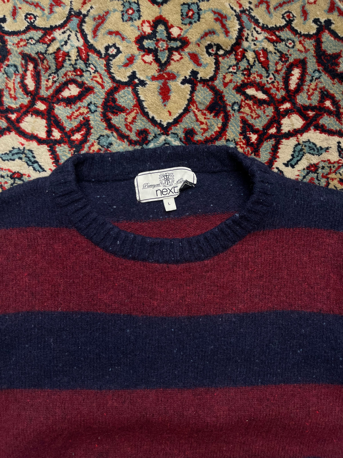 Vintage Next Wool Blend Striped Navy Blue Burgundy Crewneck Sweater - M