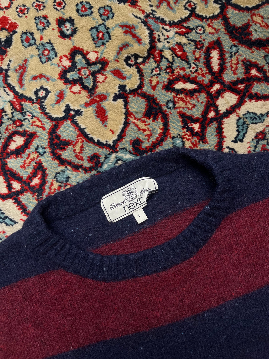 Vintage Next Wool Blend Striped Navy Blue Burgundy Crewneck Sweater - M