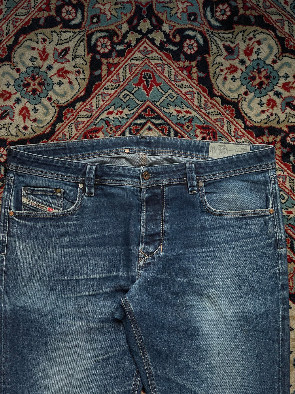 DIESEL LARKEE BEEX Tapered Fit Blue Distressed Stonewash Denim JEANS