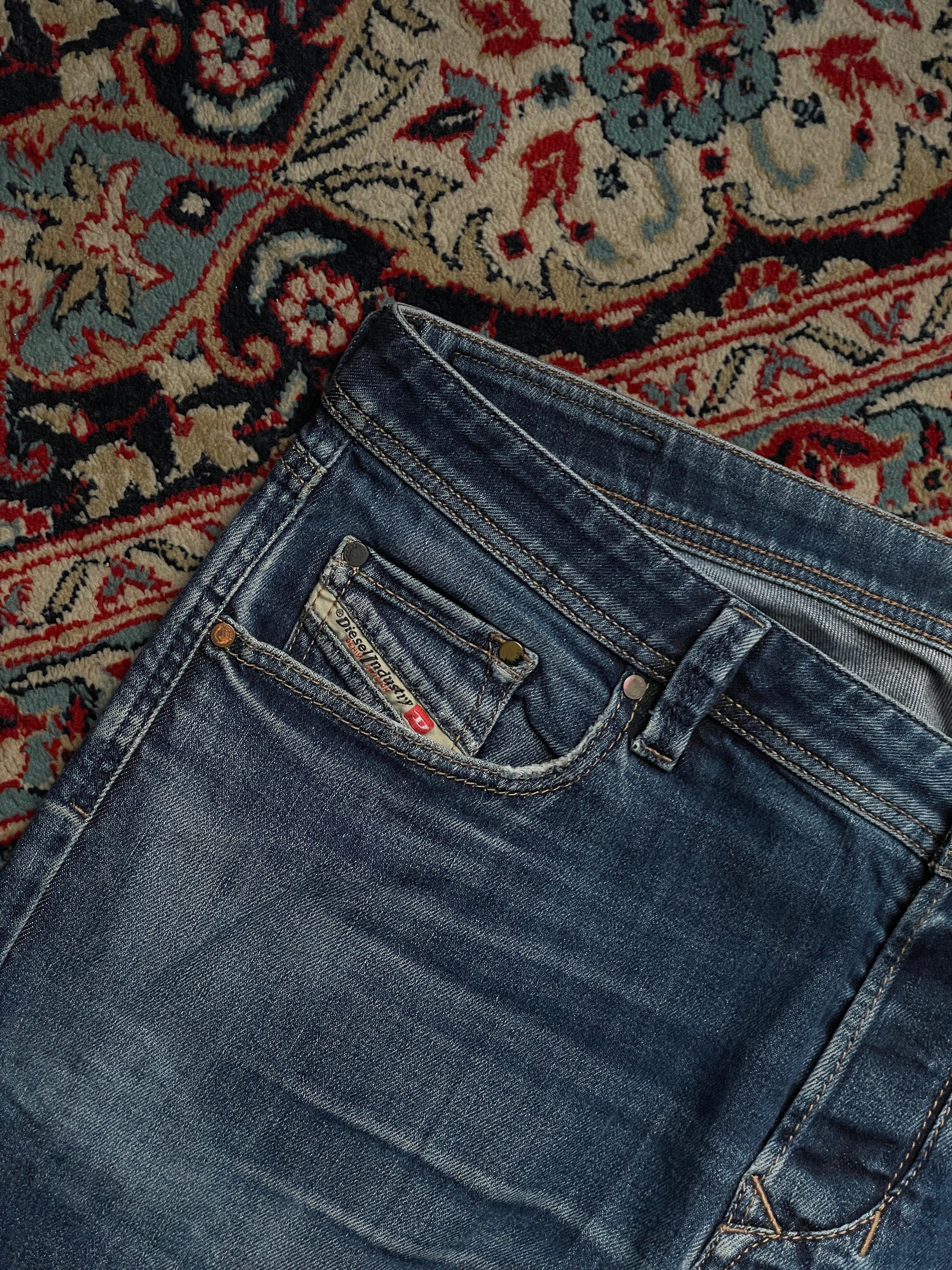 DIESEL LARKEE BEEX Tapered Fit Blue Distressed Stonewash Denim JEANS