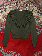 LeShop Green Ruffle Collar Cropped Knit Cardigan - S