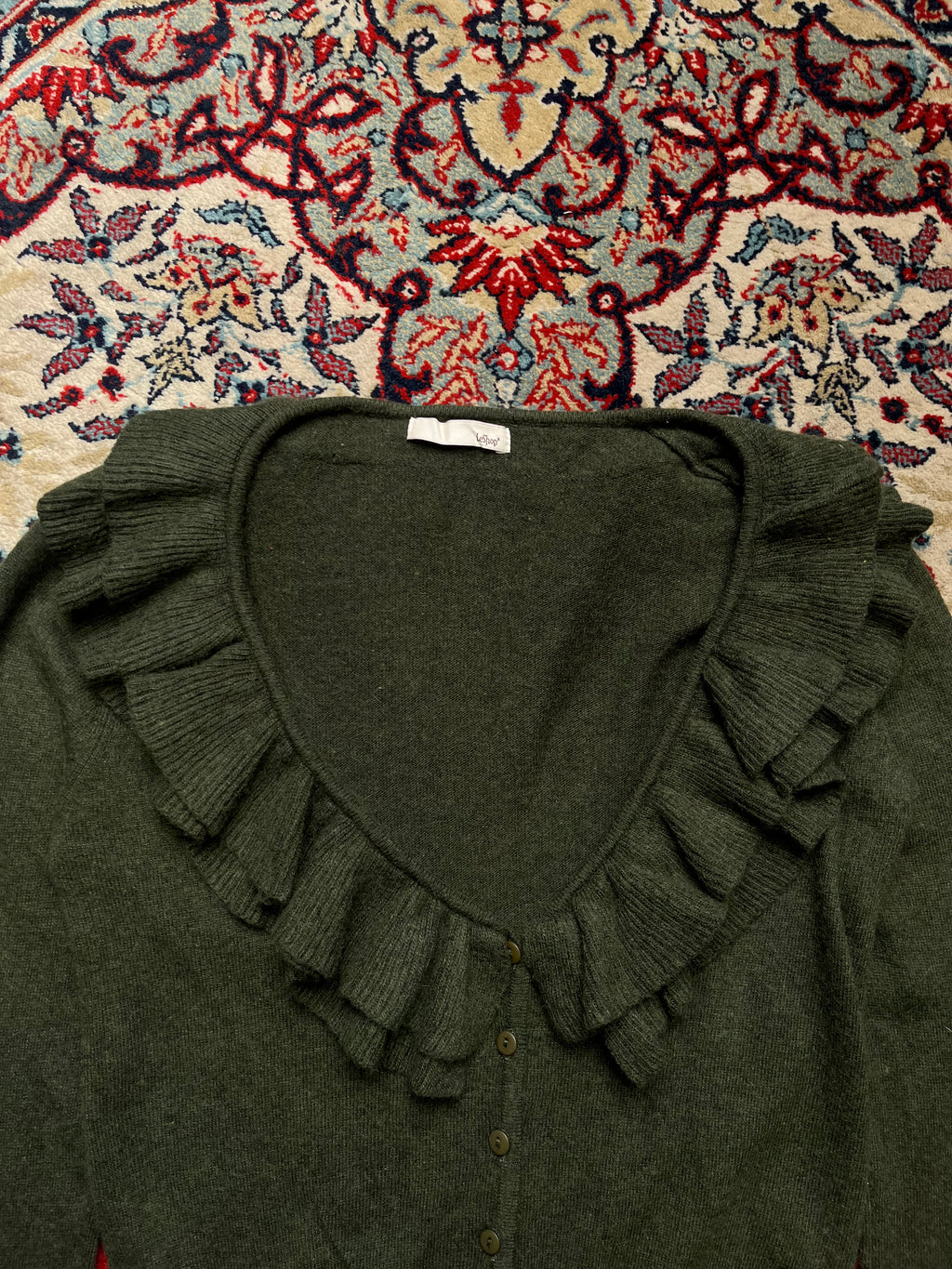 LeShop Green Ruffle Collar Cropped Knit Cardigan - S