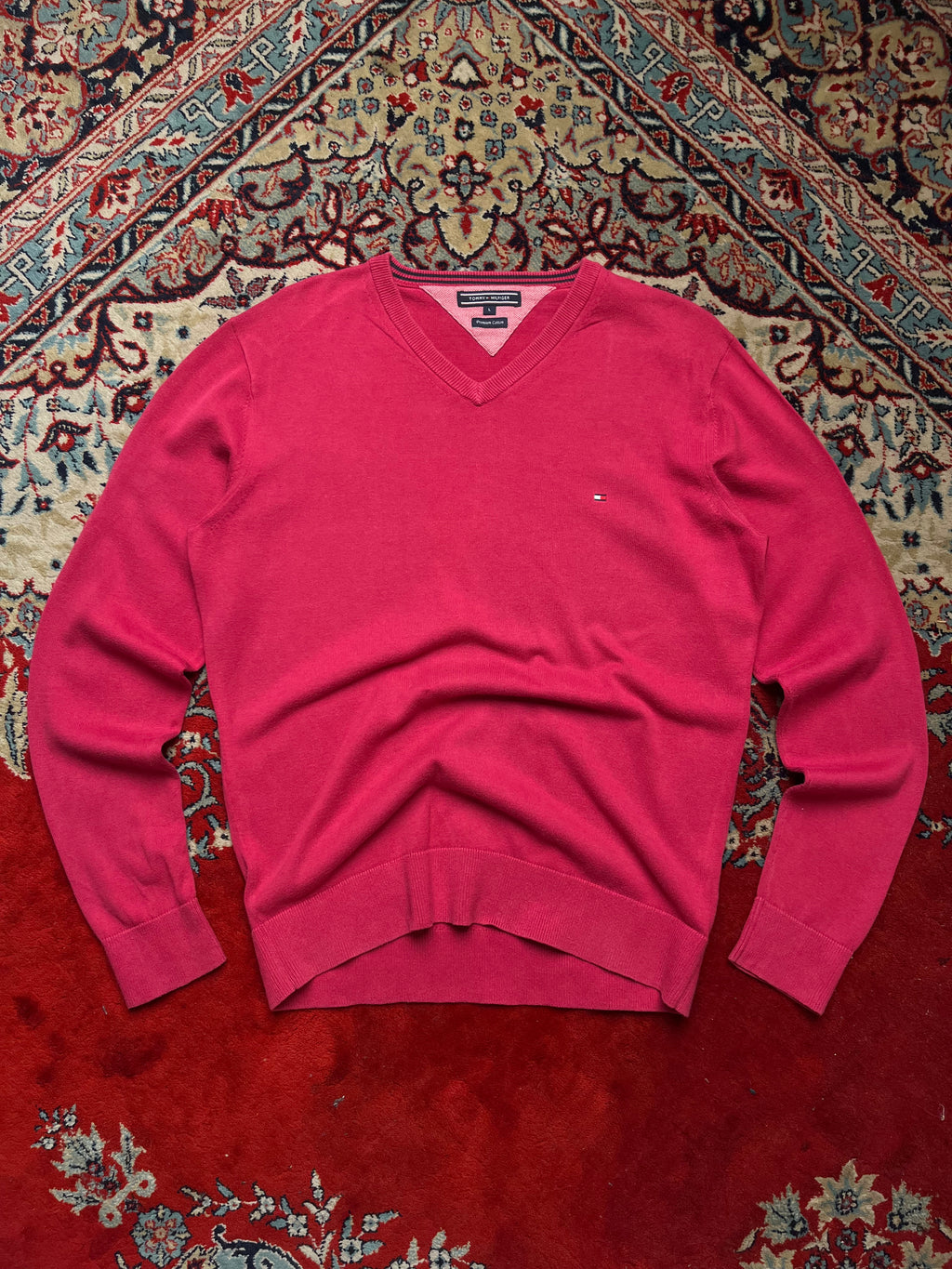 Tommy Hilfiger Premium Cotton Pink V-Neck Pullover Sweater - L