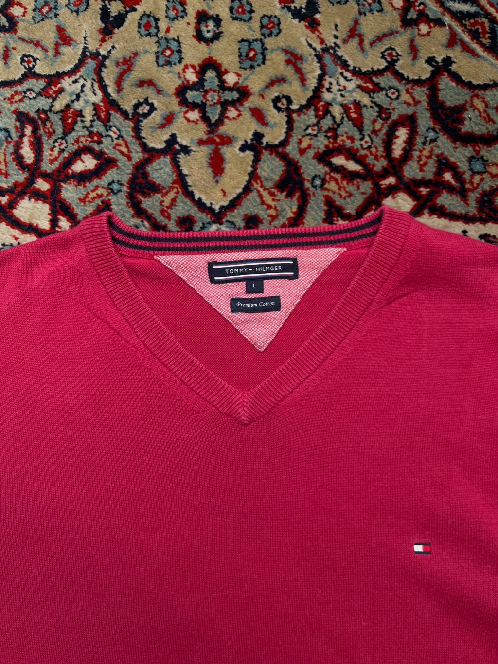 Tommy Hilfiger Premium Cotton Pink V-Neck Pullover Sweater - L
