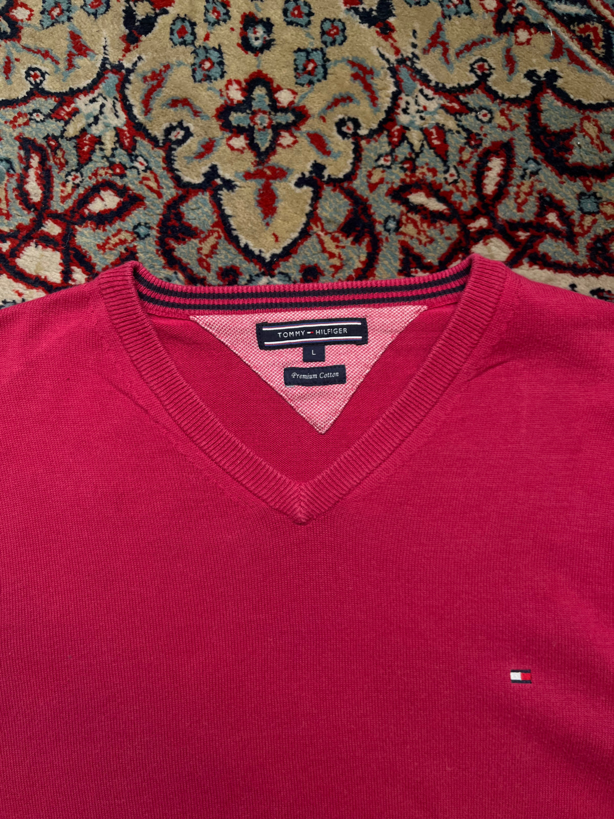 Tommy Hilfiger Premium Cotton Pink V-Neck Pullover Sweater - L