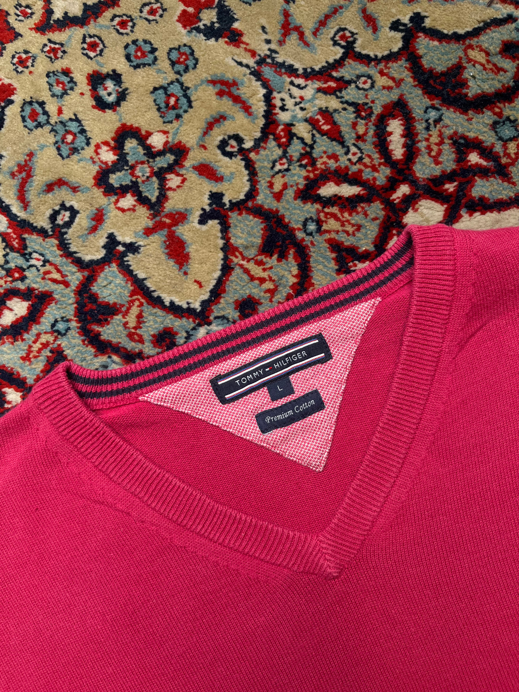 Tommy Hilfiger Premium Cotton Pink V-Neck Pullover Sweater - L