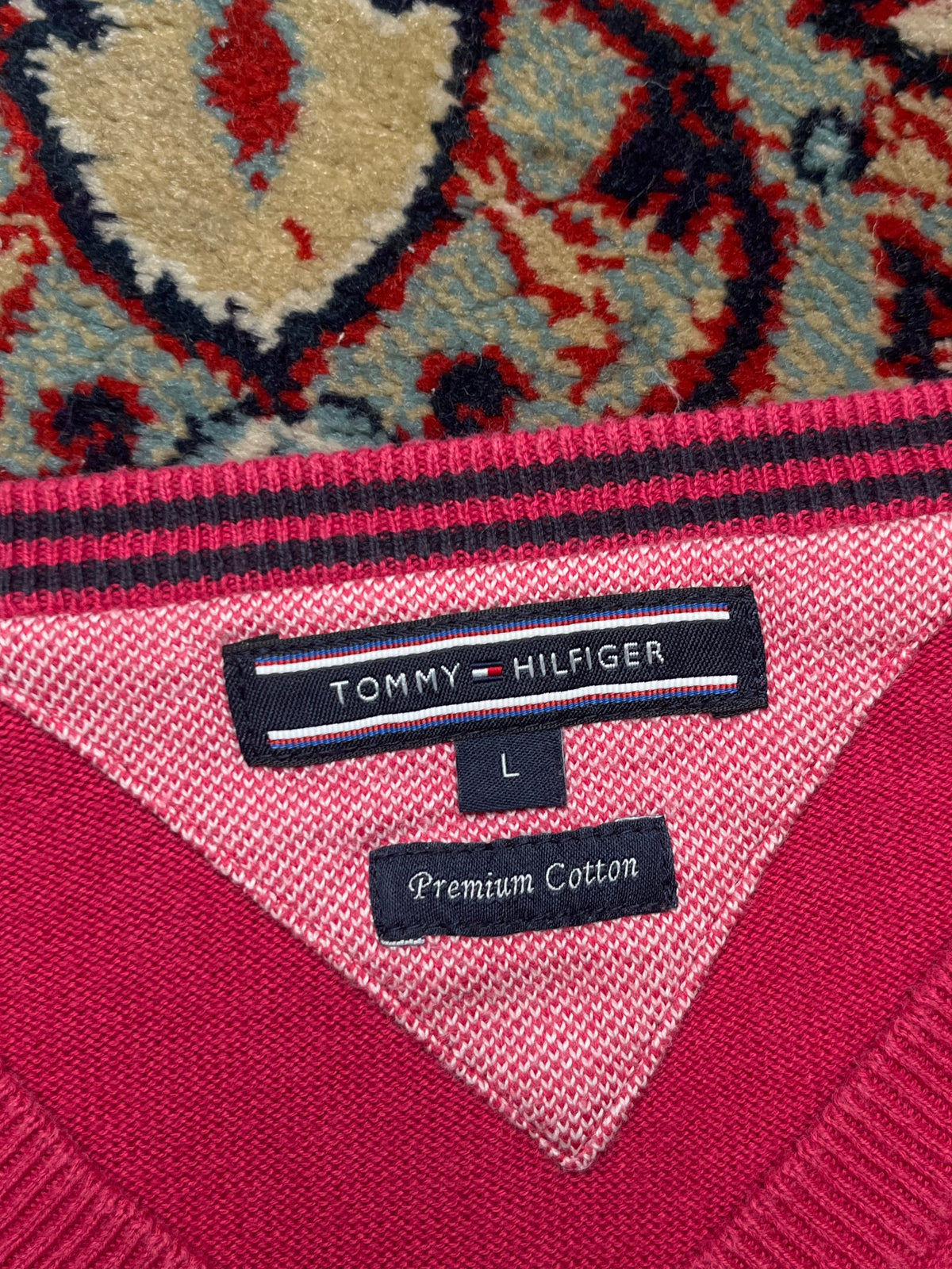 Tommy Hilfiger Premium Cotton Pink V-Neck Pullover Sweater - L