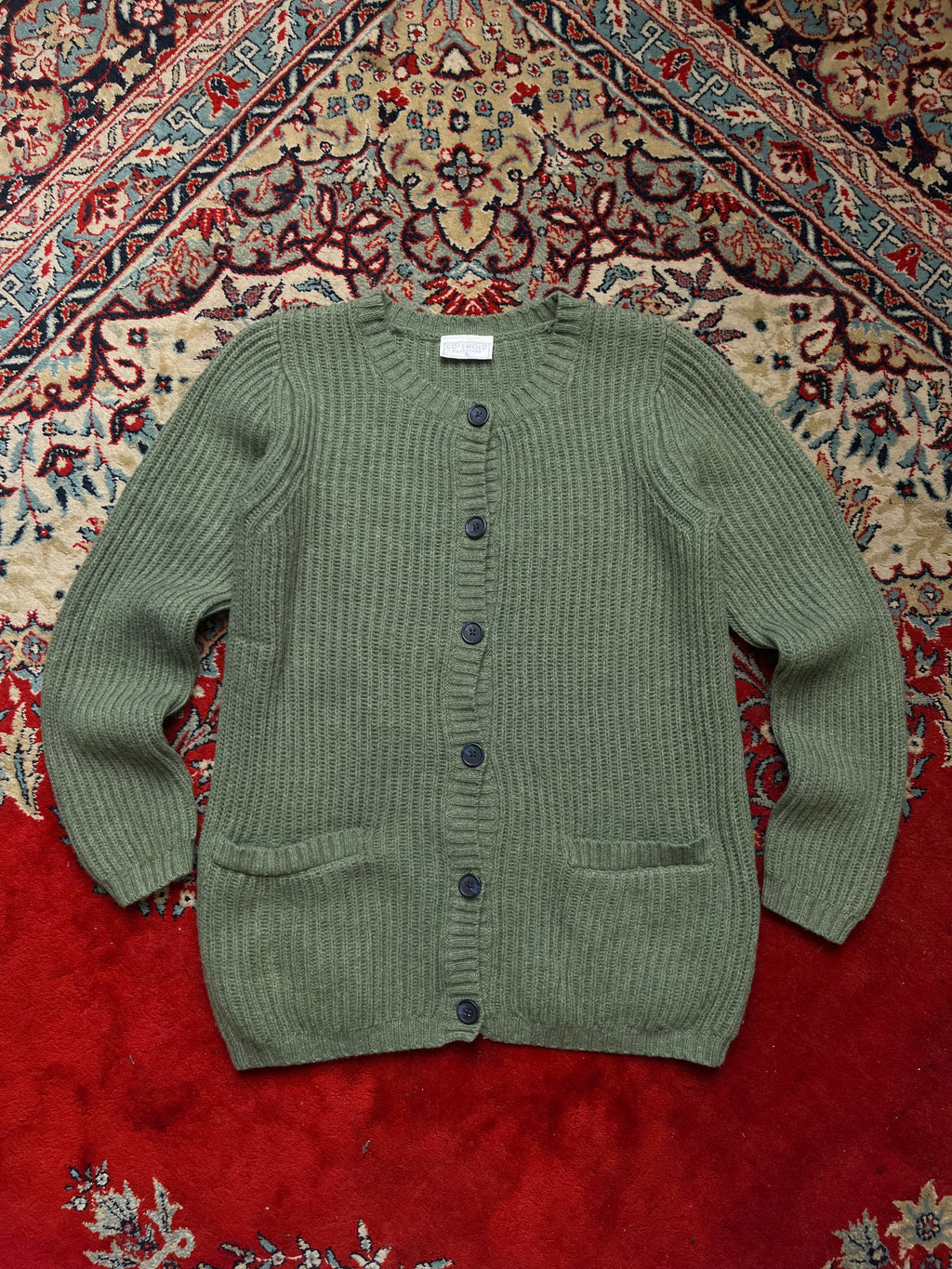 Cotswold Collections Lambswool Green Ribbed Knit Pocket Cardigan -  M