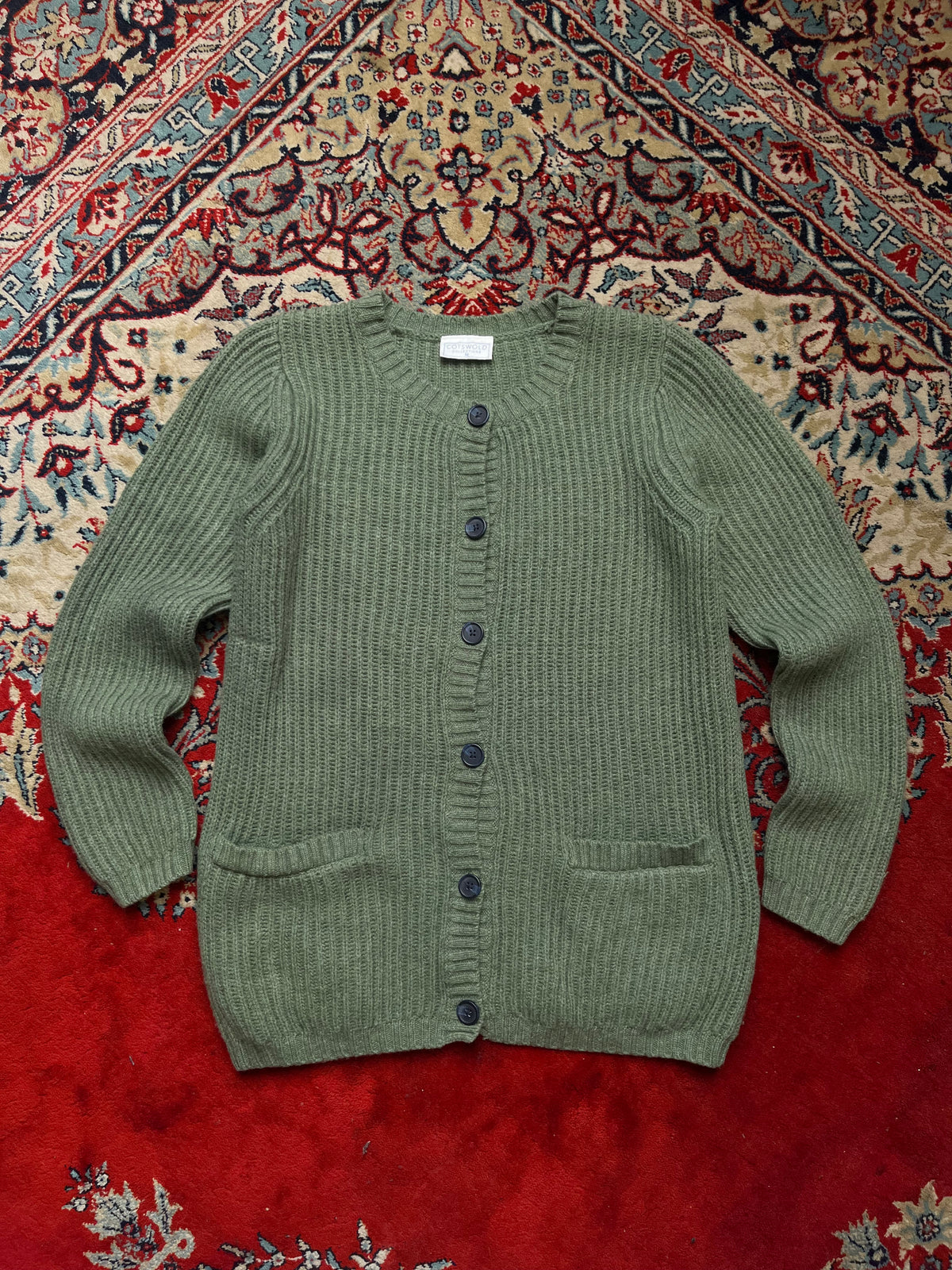Cotswold Collections Lambswool Green Ribbed Knit Pocket Cardigan -  M