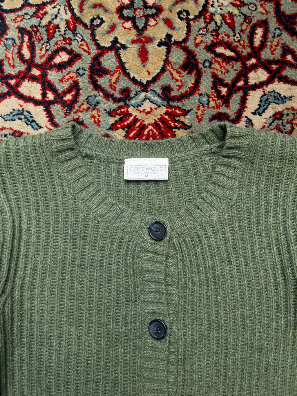 Cotswold Collections Lambswool Green Ribbed Knit Pocket Cardigan -  M