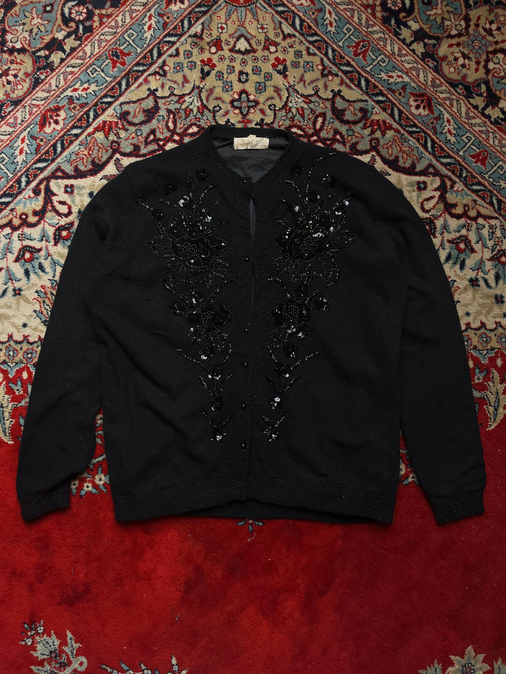 Vintage Jupiter Paris Black Beaded Sequin Floral Lined Knit Cardigan - L