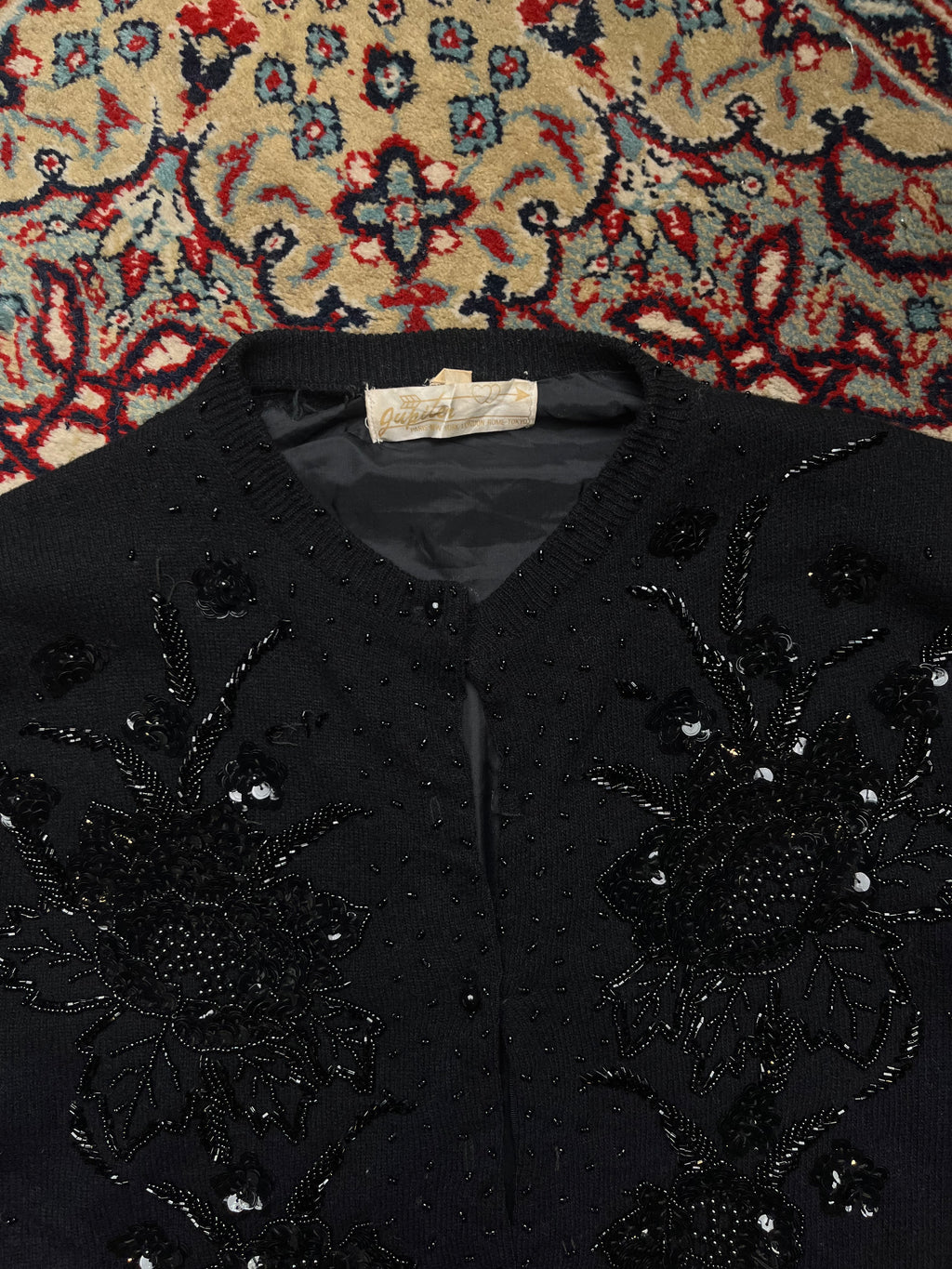 Vintage Jupiter Paris Black Beaded Sequin Floral Lined Knit Cardigan - L