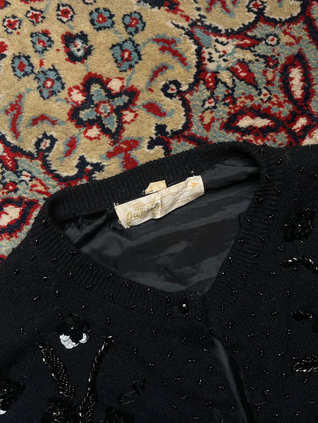 Vintage Jupiter Paris Black Beaded Sequin Floral Lined Knit Cardigan - L