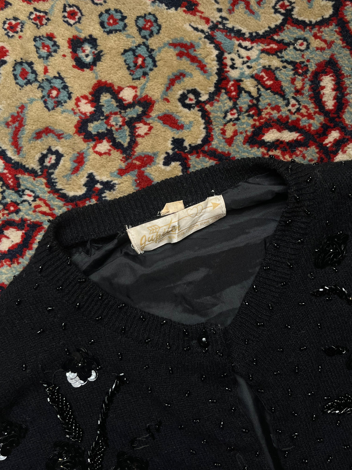 Vintage Jupiter Paris Black Beaded Sequin Floral Lined Knit Cardigan - L