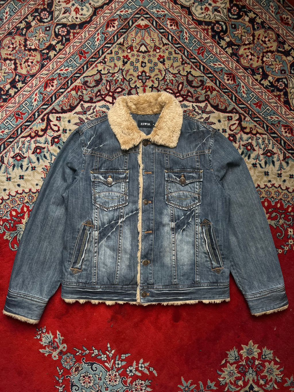 Vintage Edwin Faux Fur Sherpa Collar Distressed Denim Trucker Jacket - L