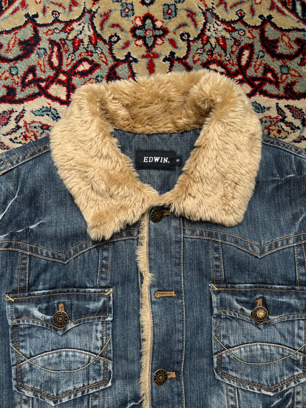 Vintage Edwin Faux Fur Sherpa Collar Distressed Denim Trucker Jacket - L