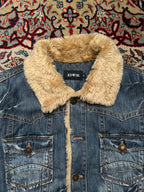 Vintage Edwin Faux Fur Sherpa Collar Distressed Denim Trucker Jacket - L
