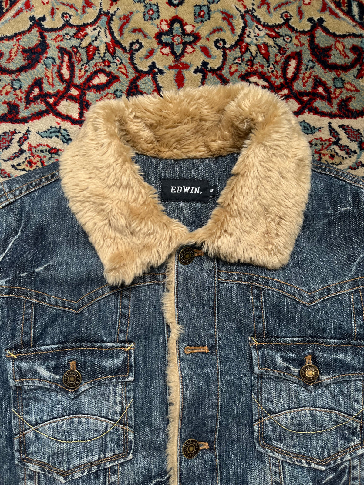 Vintage Edwin Faux Fur Sherpa Collar Distressed Denim Trucker Jacket - L