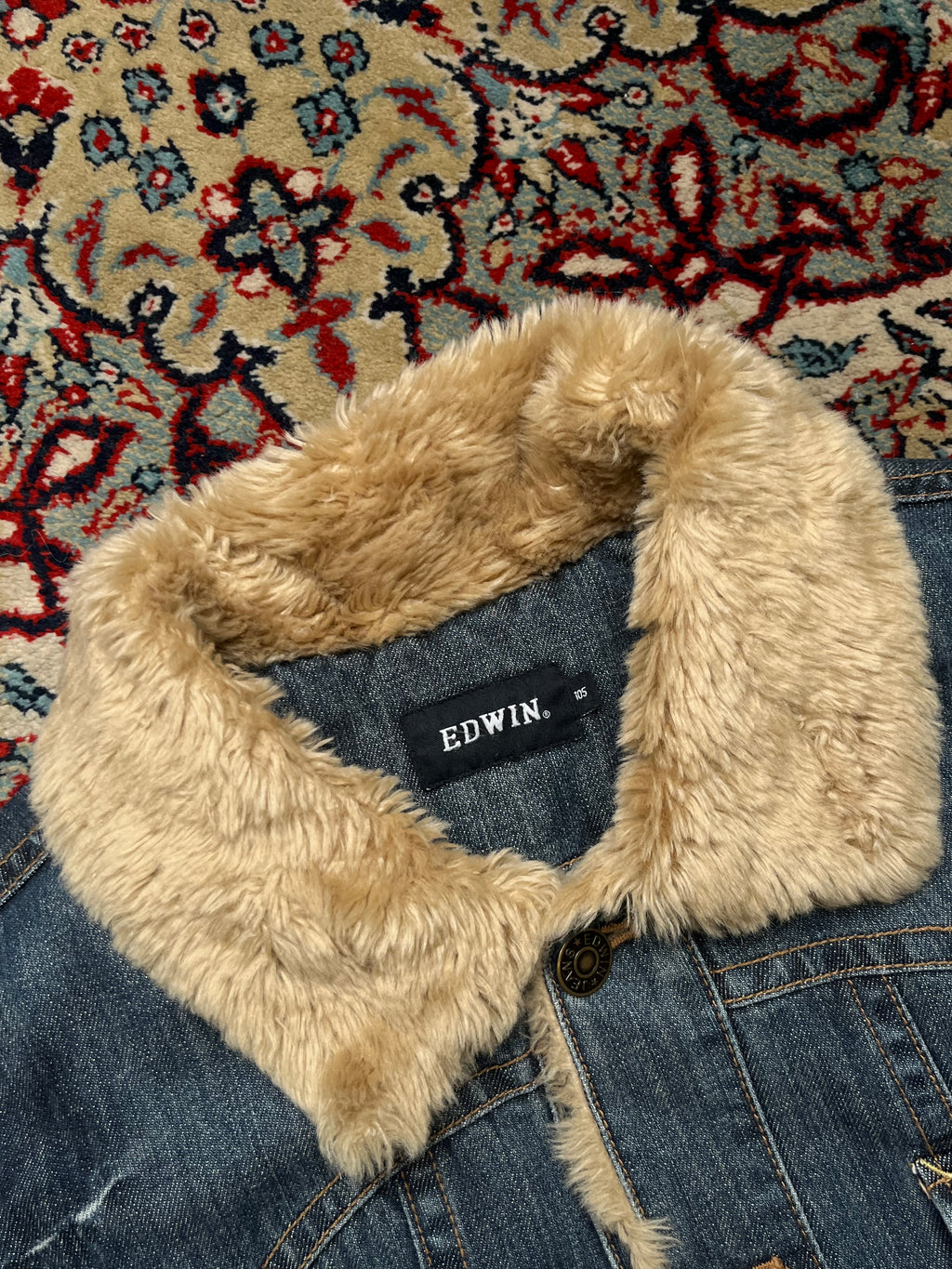 Vintage Edwin Faux Fur Sherpa Collar Distressed Denim Trucker Jacket - L