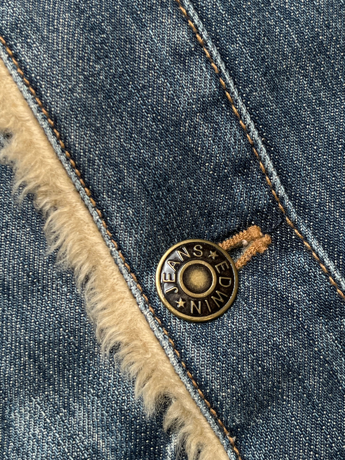 Vintage Edwin Faux Fur Sherpa Collar Distressed Denim Trucker Jacket - L