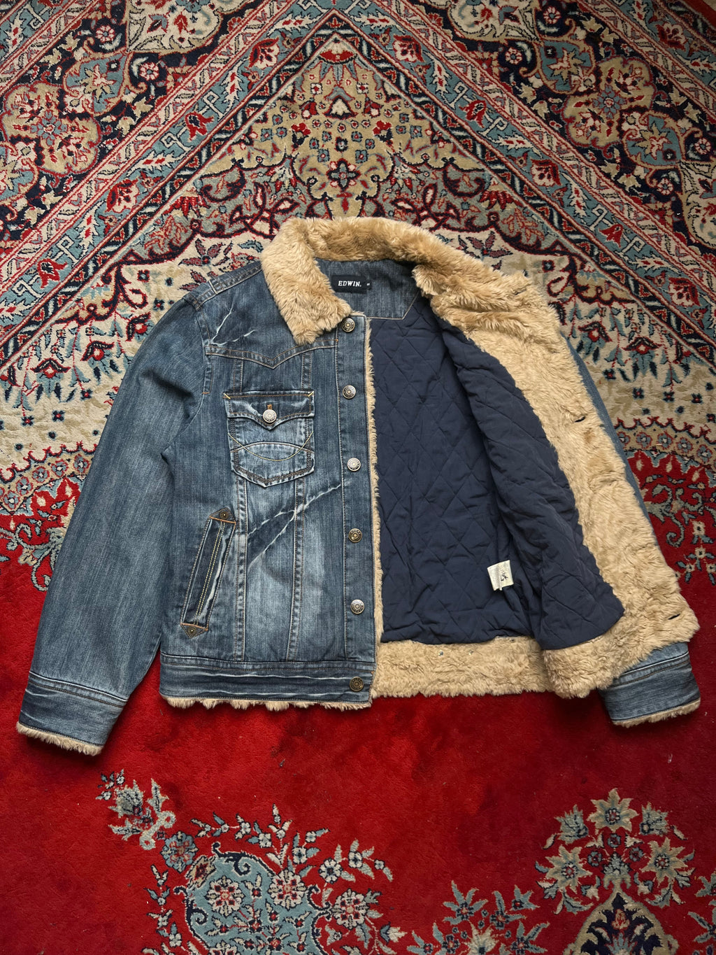 Vintage Edwin Faux Fur Sherpa Collar Distressed Denim Trucker Jacket - L