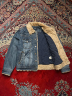 Vintage Edwin Faux Fur Sherpa Collar Distressed Denim Trucker Jacket - L