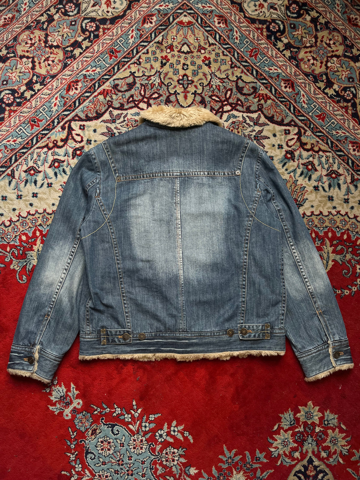 Vintage Edwin Faux Fur Sherpa Collar Distressed Denim Trucker Jacket - L