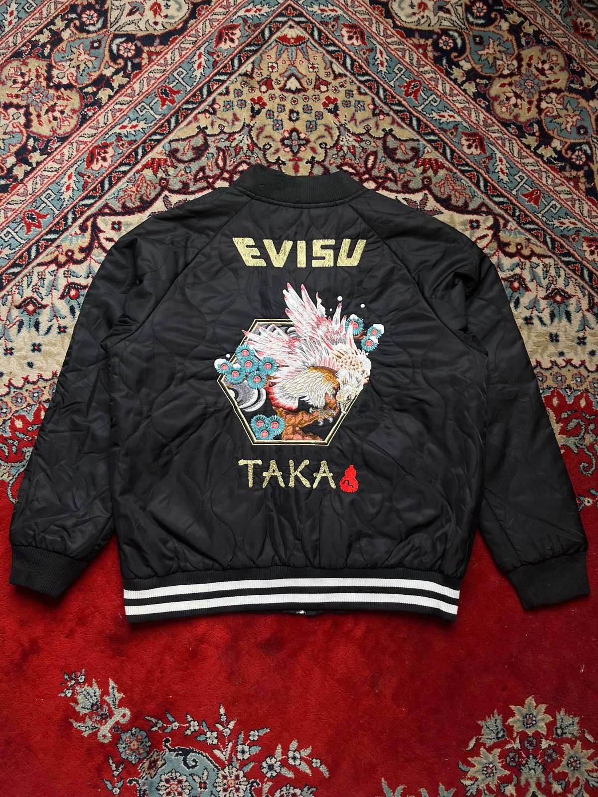 Evisu Heritage Taka Falcon Embroidered Quilted Souvenir Sukajan Bomber Jacket - L