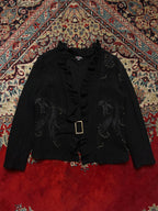 EXIST Women Pure Wool Black Ruffle Neck Embroidered Jacket - M